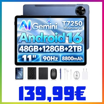 P11 Android 16 Tablet 11 Pollici, 48GB RAM+128GB ROM (2TB TF), 90Hz, T7250 Octa-Core, 8800mAh, 13MP+5MP, Gemini AI